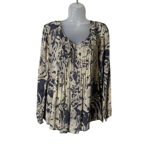 Ella Moss Womens Silk‎ Blouse Top Small Artsy Bohemian Quiet Luxury Tan Black - Picture 1 of 7